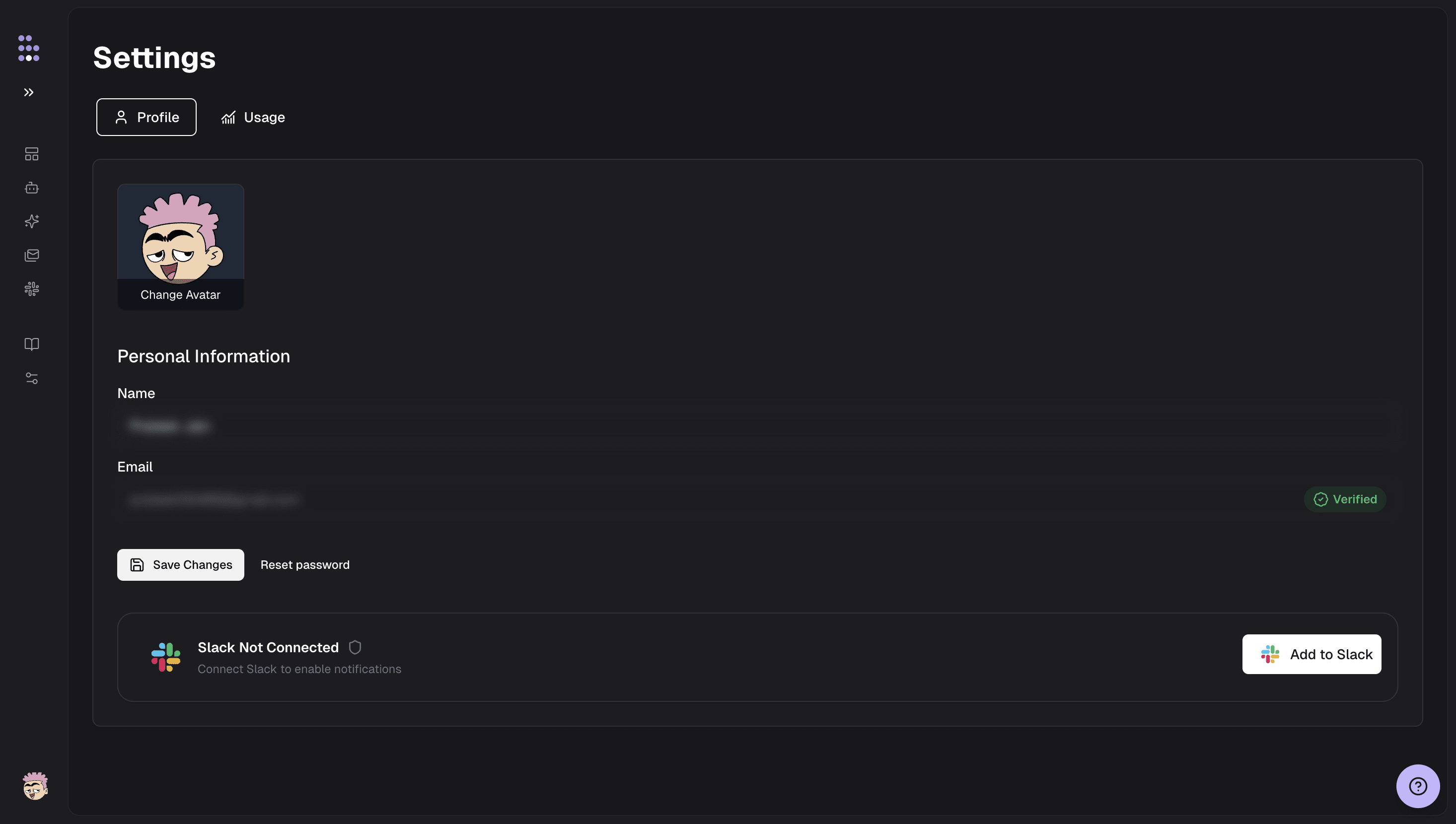 Hookflo profile settings showing Slack integration option with Add to Slack button