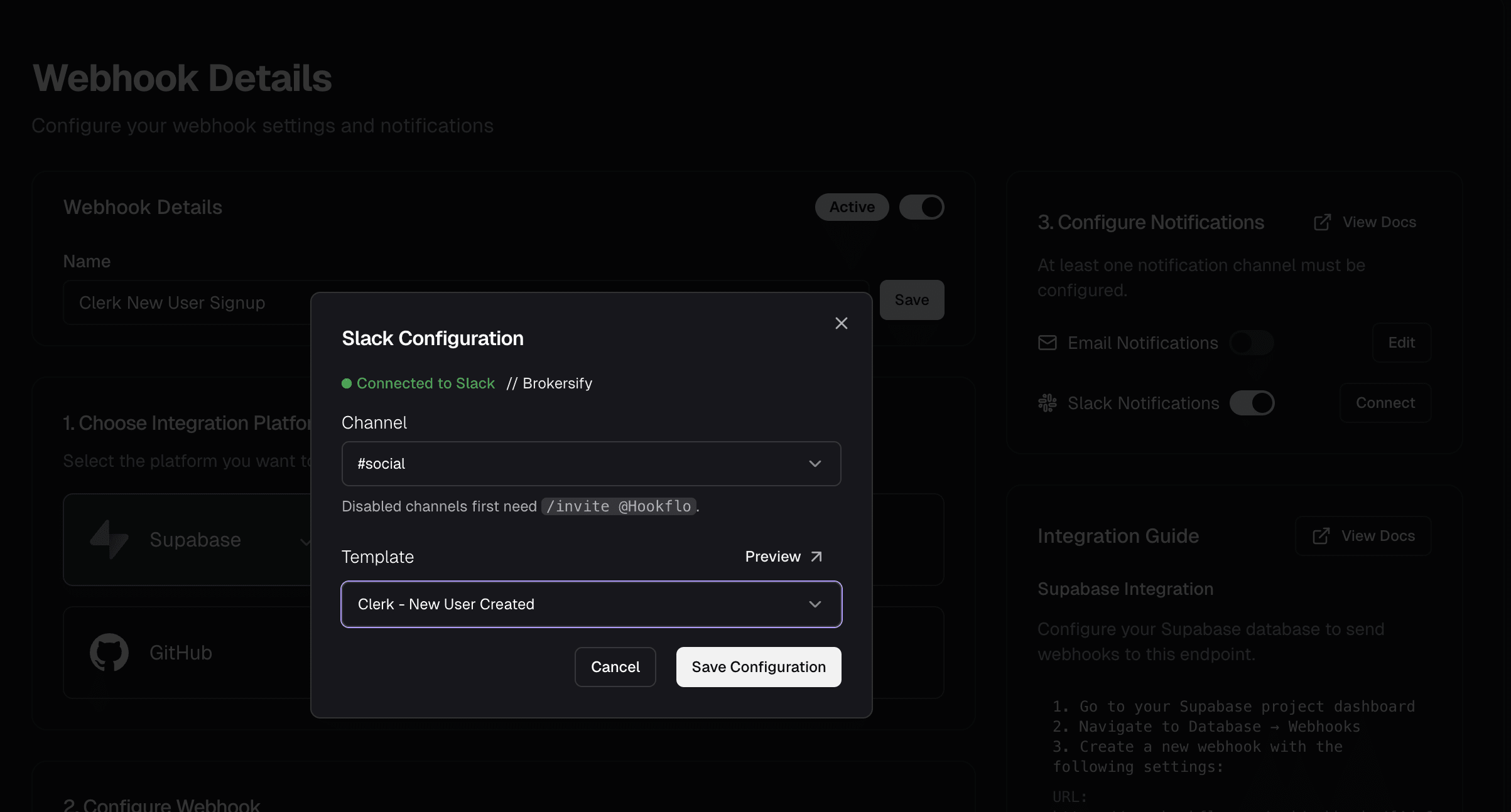 Webhook notification configuration showing Slack toggle and channel dropdown selection