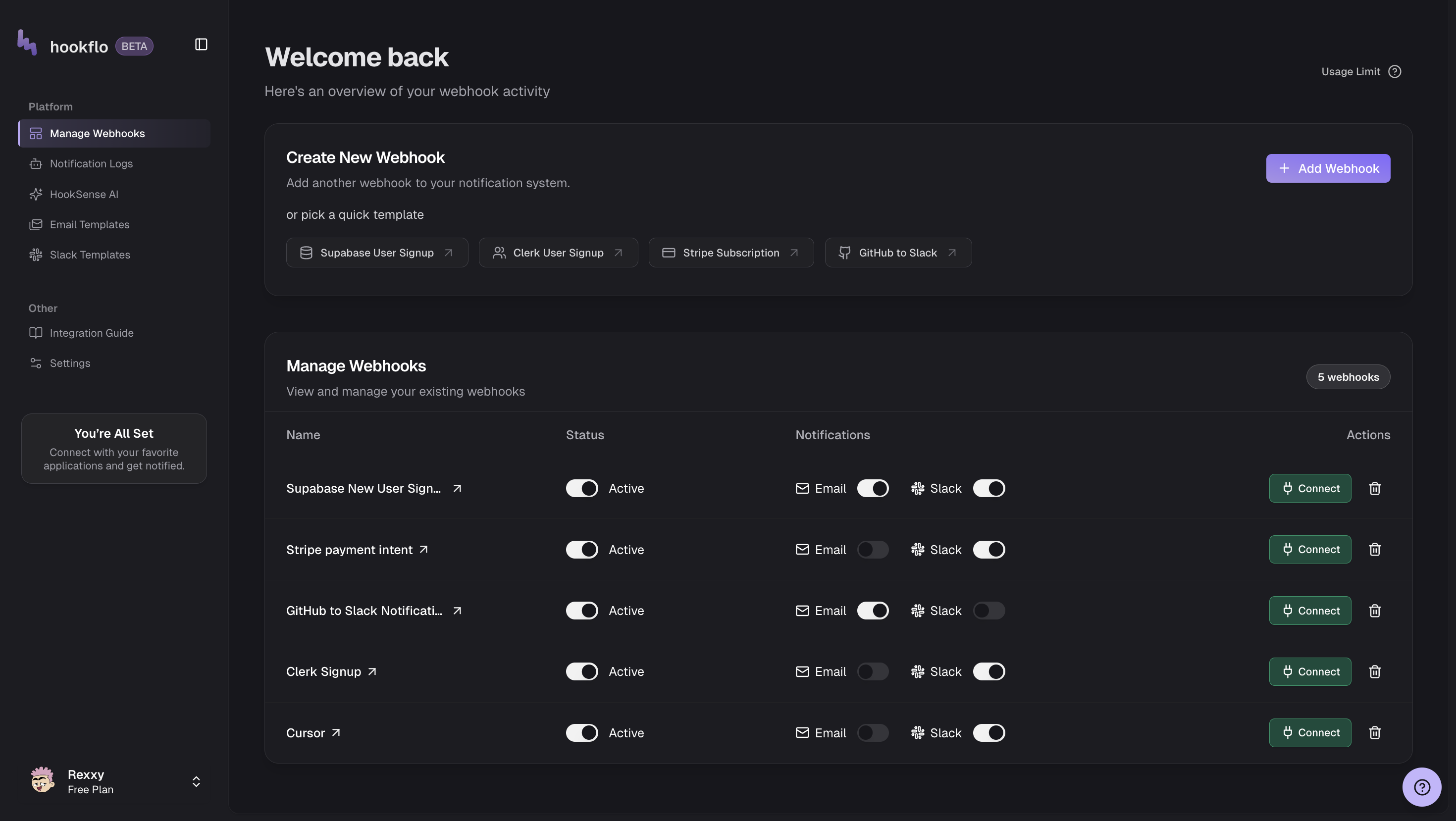 Hookflo webhook dashboard showing incoming event history and status